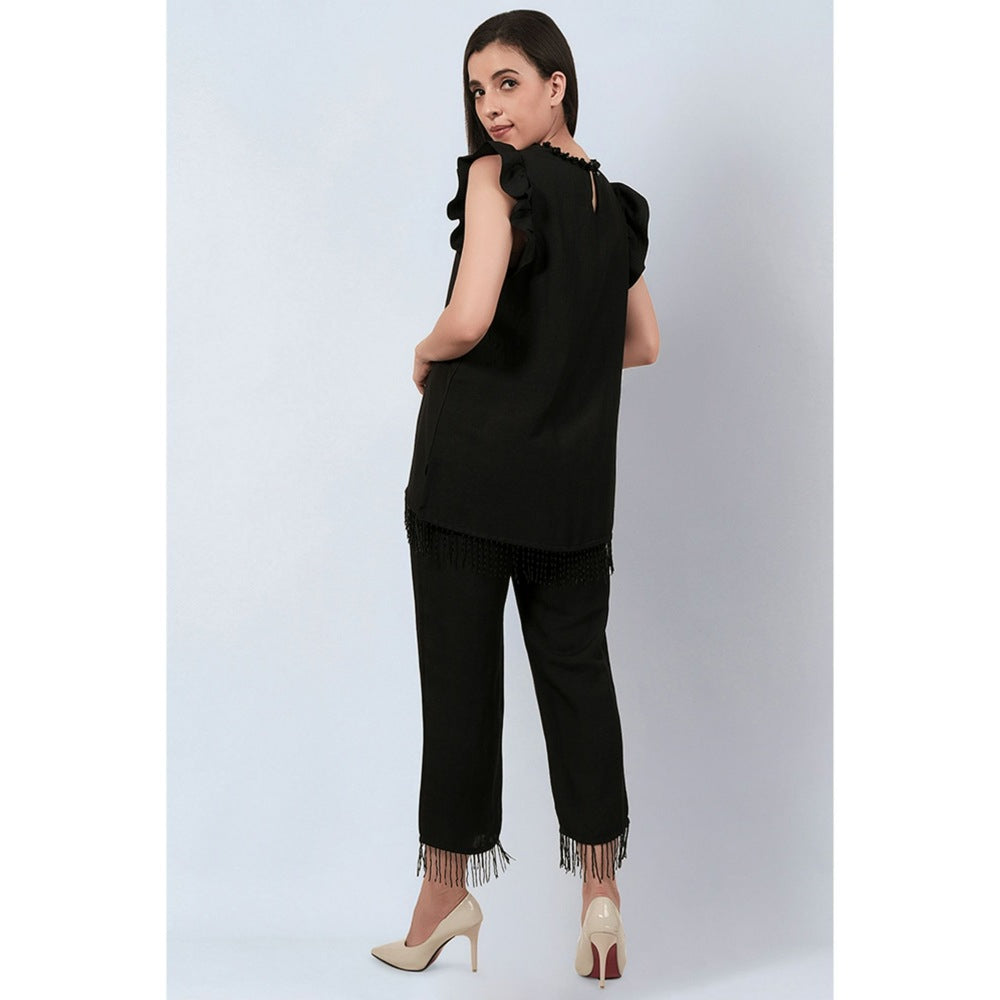 First Resort by Ramola Bachchan Black Linen Top and Pants with Bead Lace (Set of 2)