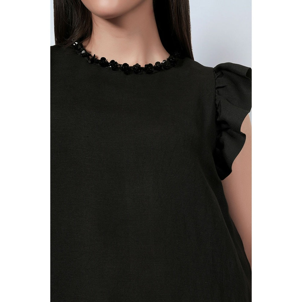First Resort by Ramola Bachchan Black Linen Top and Pants with Bead Lace (Set of 2)