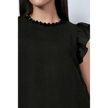 First Resort by Ramola Bachchan Black Linen Top and Pants with Bead Lace (Set of 2)
