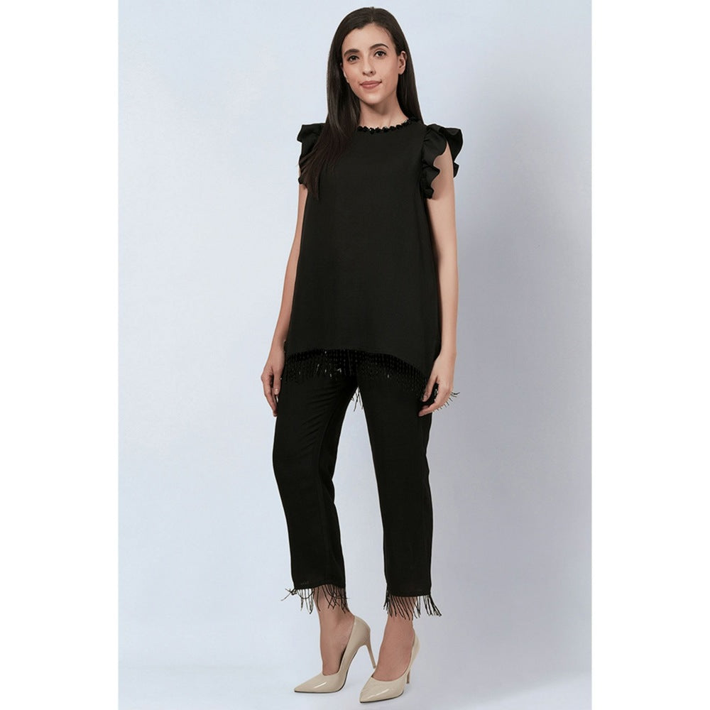 First Resort by Ramola Bachchan Black Linen Top and Pants with Bead Lace (Set of 2)