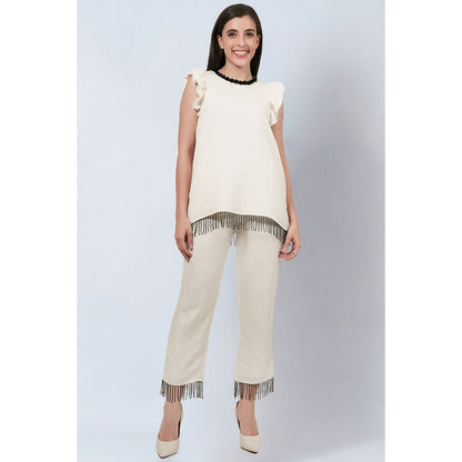 First Resort by Ramola Bachchan Off White Linen Top and Pants with Bead Lace (Set of 2)