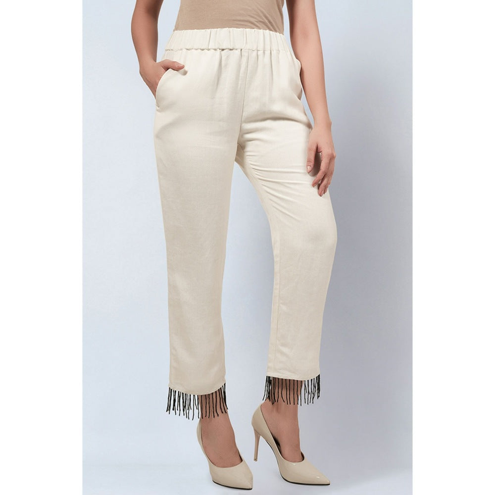 First Resort by Ramola Bachchan Off White Linen Top and Pants with Bead Lace (Set of 2)