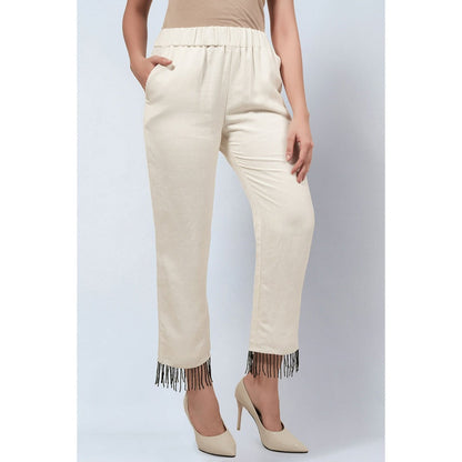 First Resort by Ramola Bachchan Off White Linen Top and Pants with Bead Lace (Set of 2)