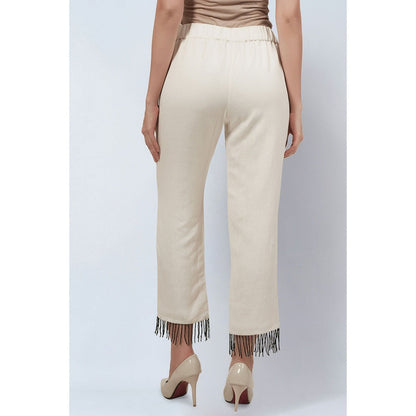 First Resort by Ramola Bachchan Off White Linen Top and Pants with Bead Lace (Set of 2)