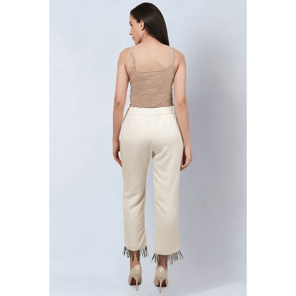 First Resort by Ramola Bachchan Off White Linen Top and Pants with Bead Lace (Set of 2)