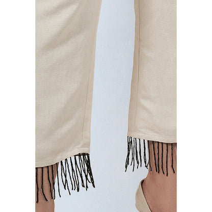 First Resort by Ramola Bachchan Off White Linen Top and Pants with Bead Lace (Set of 2)