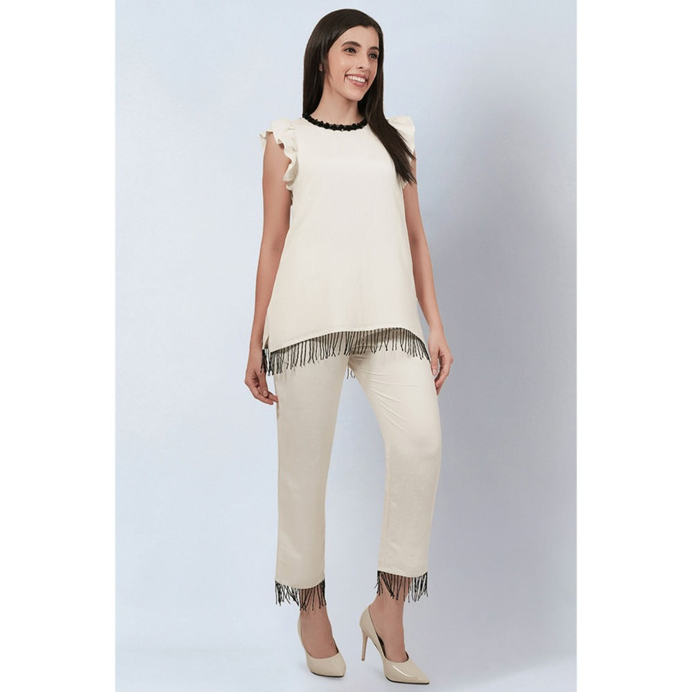 First Resort by Ramola Bachchan Off White Linen Top and Pants with Bead Lace (Set of 2)