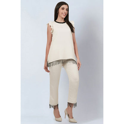 First Resort by Ramola Bachchan Off White Linen Top and Pants with Bead Lace (Set of 2)