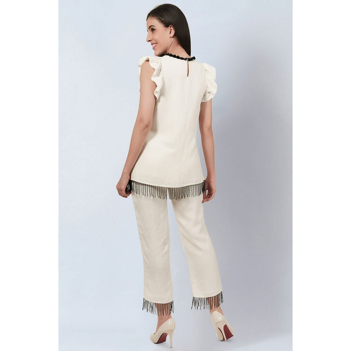 First Resort by Ramola Bachchan Off White Linen Top and Pants with Bead Lace (Set of 2)