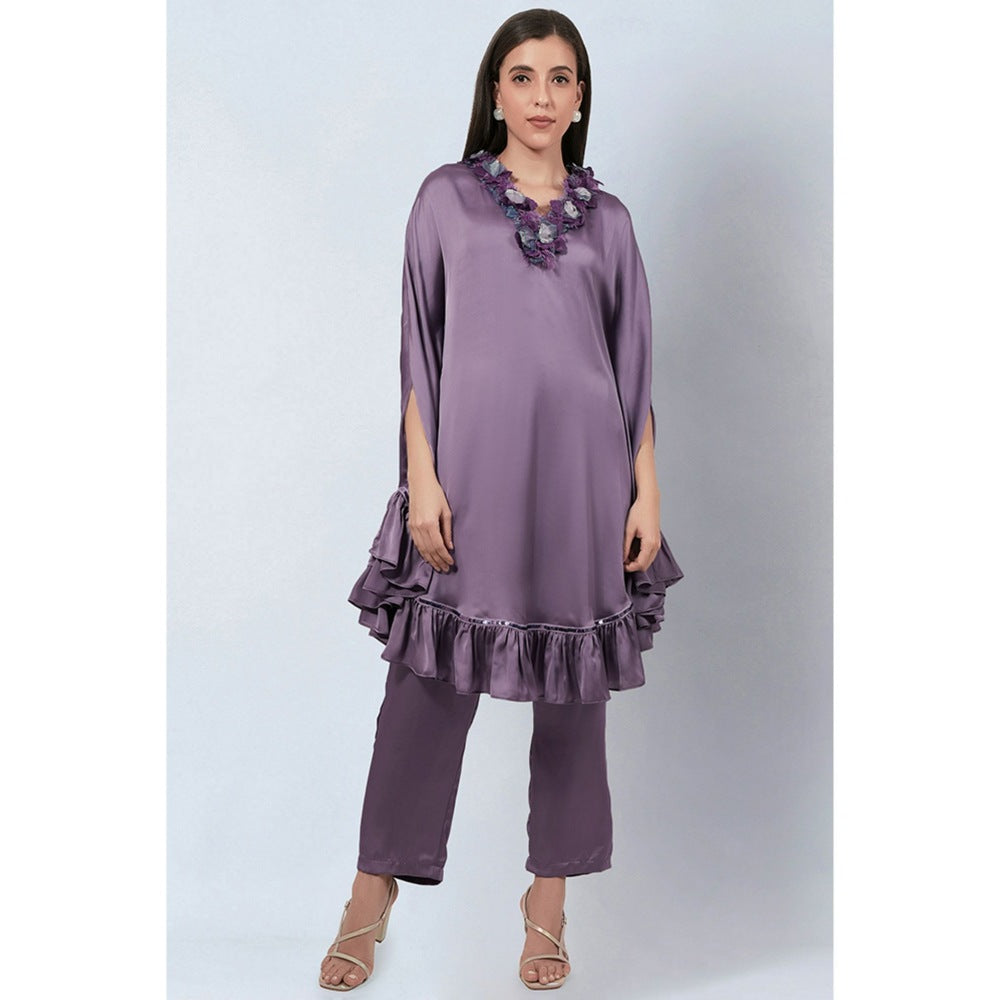 First Resort by Ramola Bachchan Purple Ruffle Dress with Satin Pants (Set of 2)