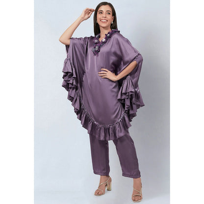 First Resort by Ramola Bachchan Purple Ruffle Dress with Satin Pants (Set of 2)
