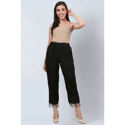 First Resort by Ramola Bachchan Black Linen Pants with Bead Lace