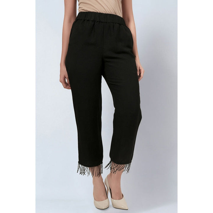 First Resort by Ramola Bachchan Black Linen Pants with Bead Lace