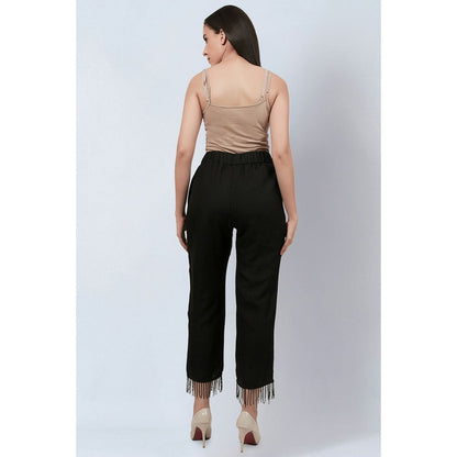 First Resort by Ramola Bachchan Black Linen Pants with Bead Lace