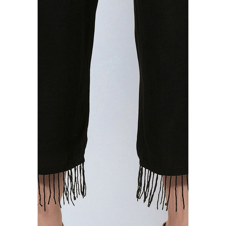 First Resort by Ramola Bachchan Black Linen Pants with Bead Lace