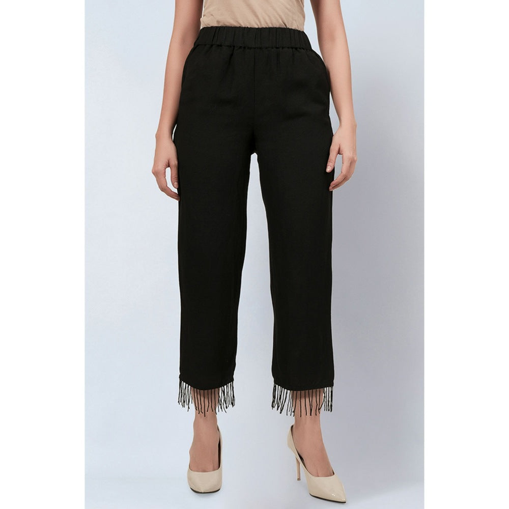 First Resort by Ramola Bachchan Black Linen Pants with Bead Lace