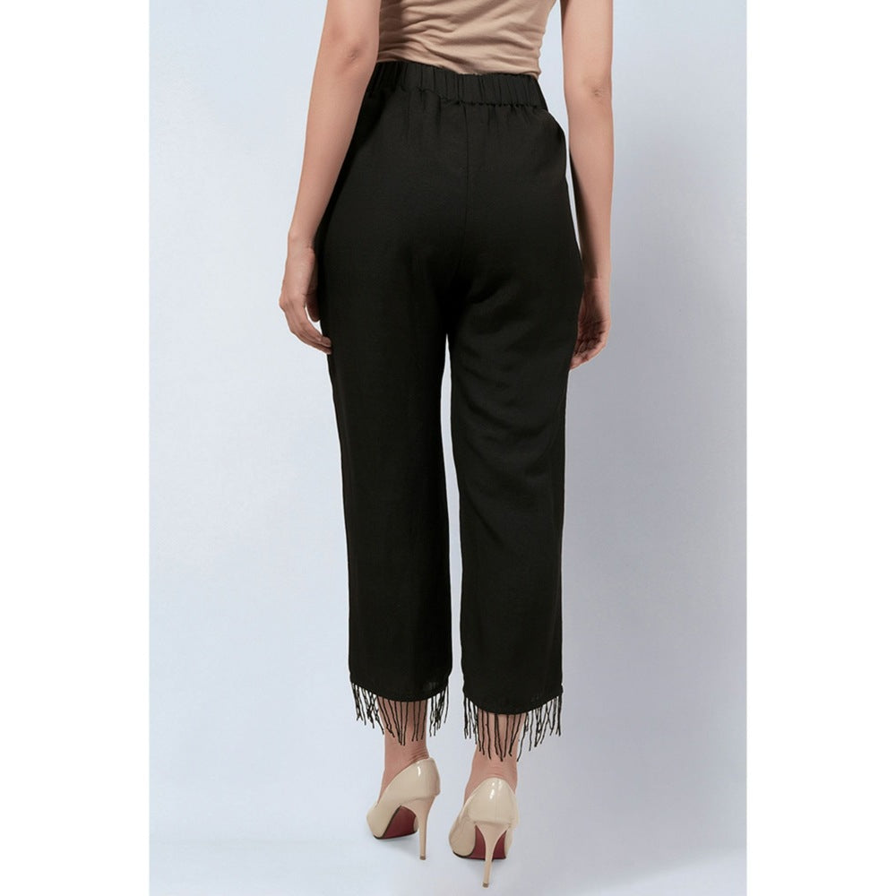 First Resort by Ramola Bachchan Black Linen Pants with Bead Lace