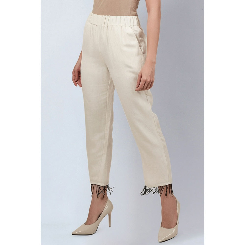 First Resort by Ramola Bachchan Off White Linen Pants with Bead Lace