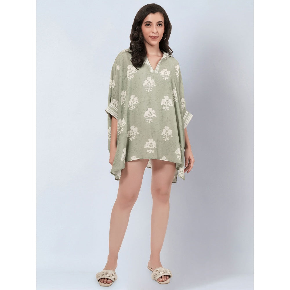 First Resort By Ramola Bachchan Sage Green And Ecru Floral Kaftan Mini Dress