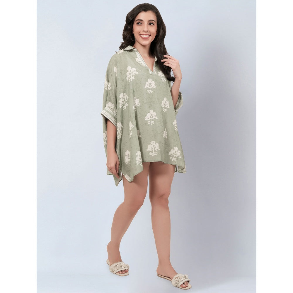 First Resort By Ramola Bachchan Sage Green And Ecru Floral Kaftan Mini Dress