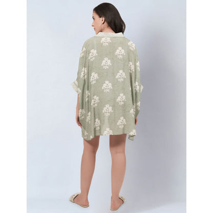 First Resort By Ramola Bachchan Sage Green And Ecru Floral Kaftan Mini Dress