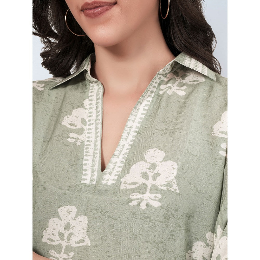 First Resort By Ramola Bachchan Sage Green And Ecru Floral Kaftan Mini Dress