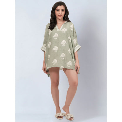 First Resort By Ramola Bachchan Sage Green And Ecru Floral Kaftan Mini Dress