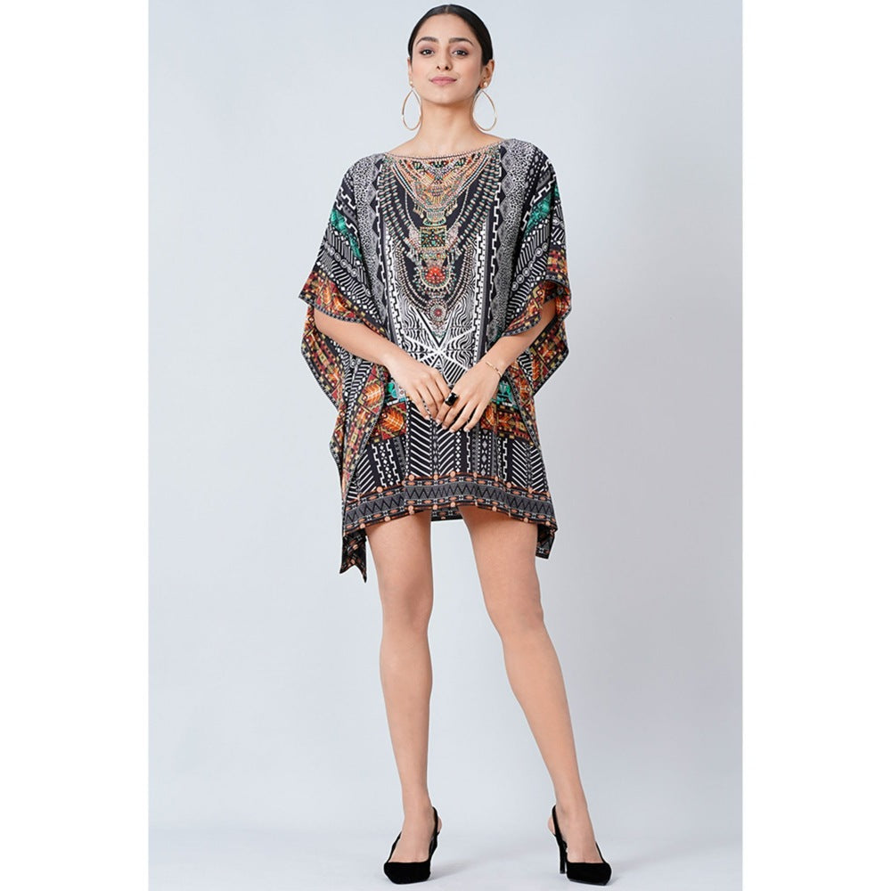 First Resort by Ramola Bachchan Black Geometric Print Embellished Mini Dress