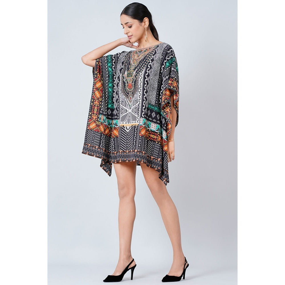 First Resort by Ramola Bachchan Black Geometric Print Embellished Mini Dress