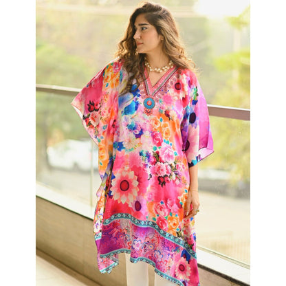 First Resort by Ramola Bachchan Multicoloured Botanical Print Silk Kaftan Tunic