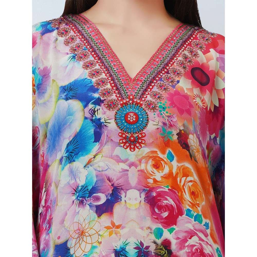 First Resort by Ramola Bachchan Multicoloured Botanical Print Silk Kaftan Tunic