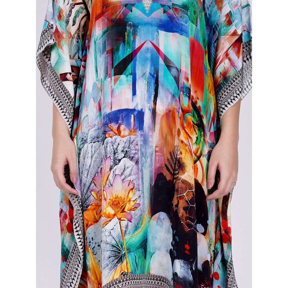 First Resort by Ramola Bachchan Blue And Orange Abstract Mid Length Kaftan