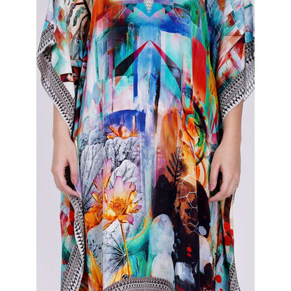 First Resort by Ramola Bachchan Blue And Orange Abstract Mid Length Kaftan