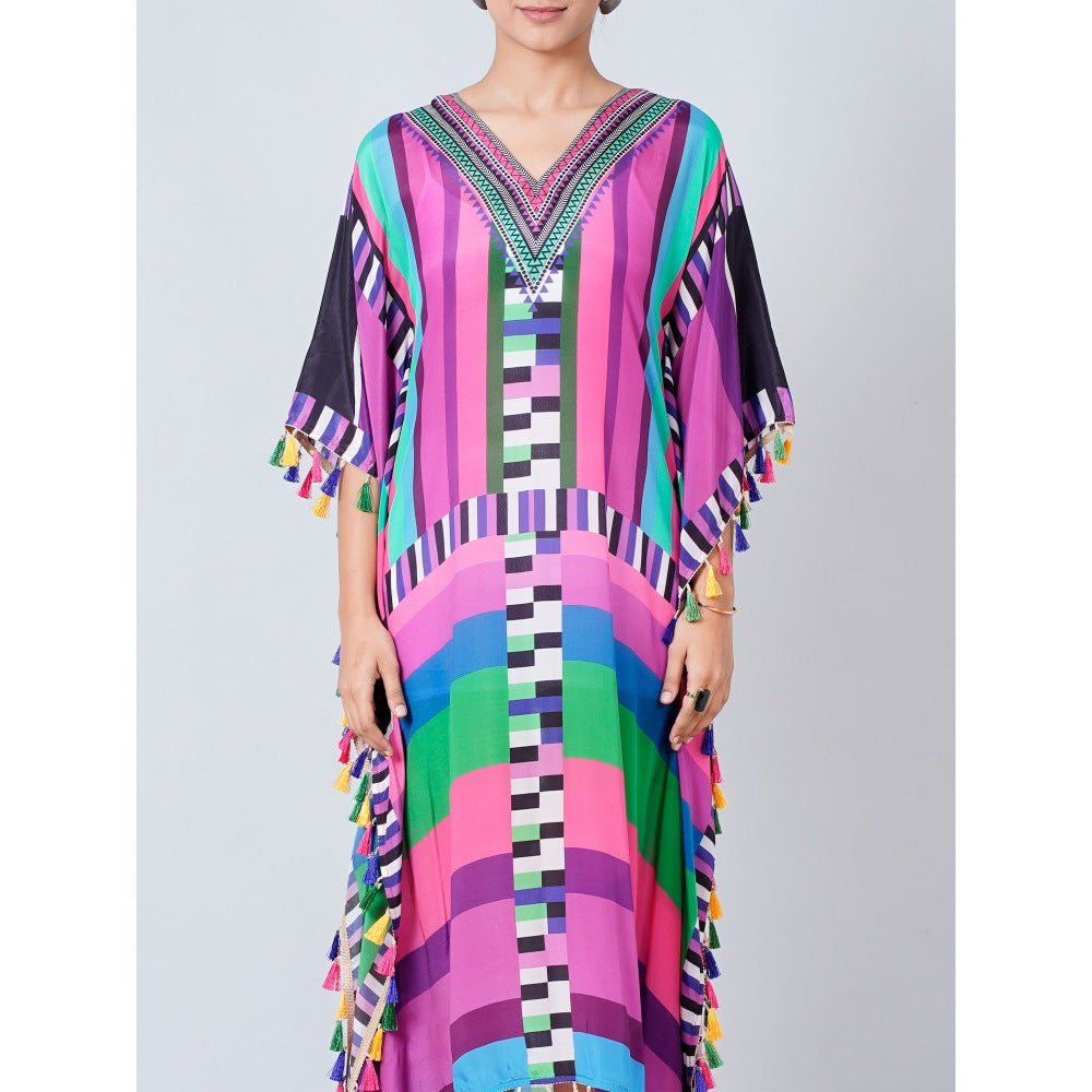 First Resort by Ramola Bachchan Purple And Green Geometric Mid Length Kaftan