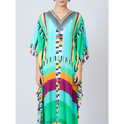 First Resort by Ramola Bachchan Blue And Green Geometric Mid Length Kaftan
