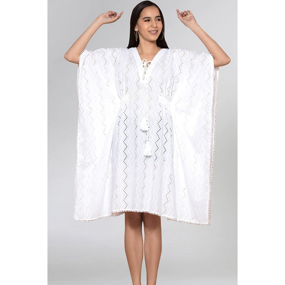 First Resort by Ramola Bachchan White Eyelet Mid Length Kaftan
