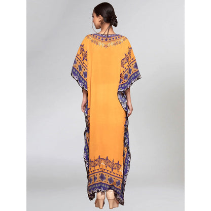 First Resort by Ramola Bachchan Yellow Mexican Print Embellished Full Length Kaftan