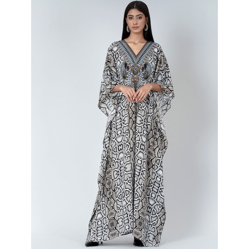 First Resort by Ramola Bachchan Beige Animal Print Embellished Silk Full Length Kaftan