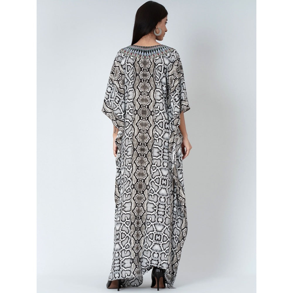 First Resort by Ramola Bachchan Beige Animal Print Embellished Silk Full Length Kaftan