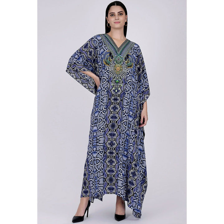 First Resort by Ramola Bachchan Blue Animal Print Embellished Silk Full Length Kaftan