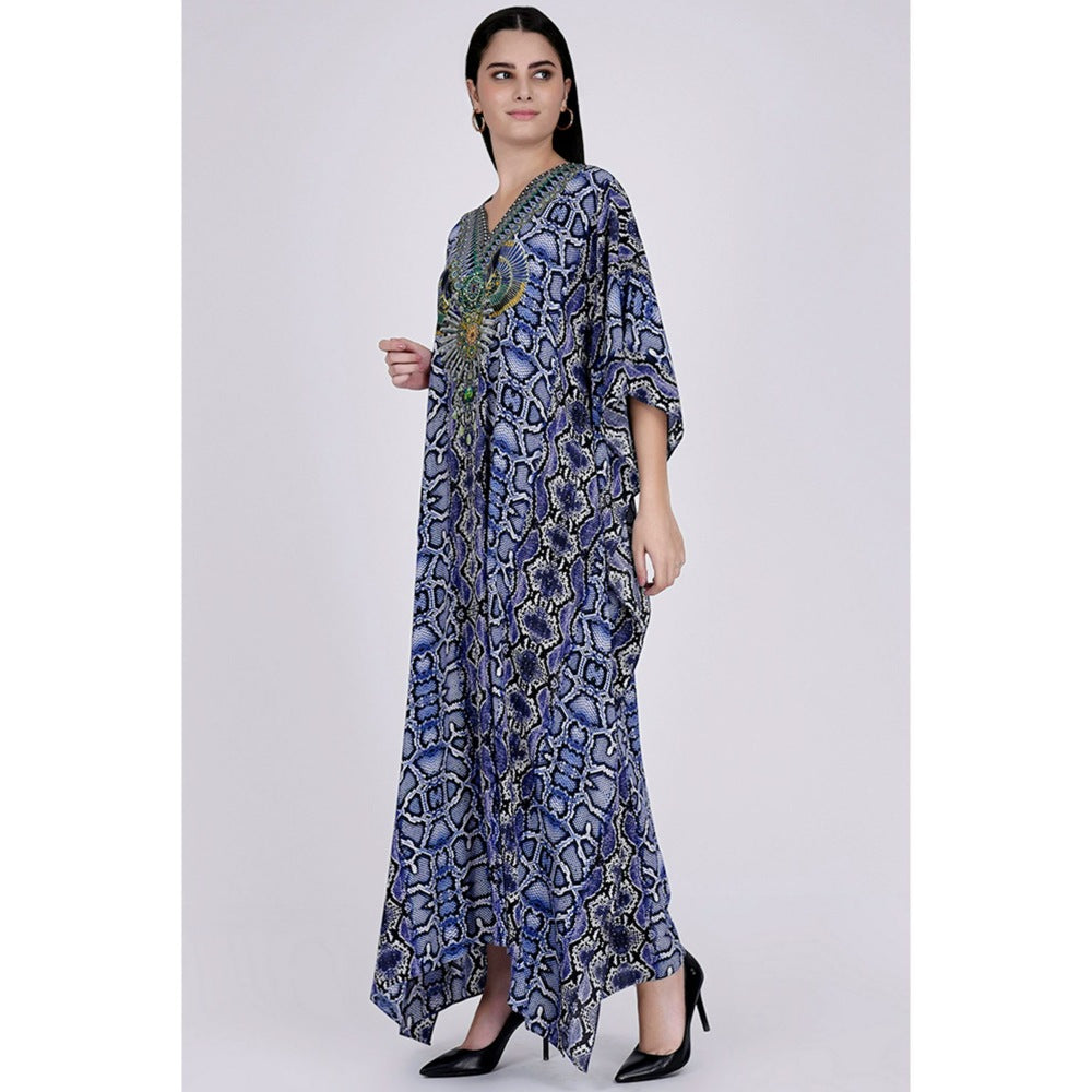 First Resort by Ramola Bachchan Blue Animal Print Embellished Silk Full Length Kaftan