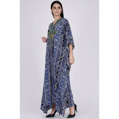 First Resort by Ramola Bachchan Blue Animal Print Embellished Silk Full Length Kaftan