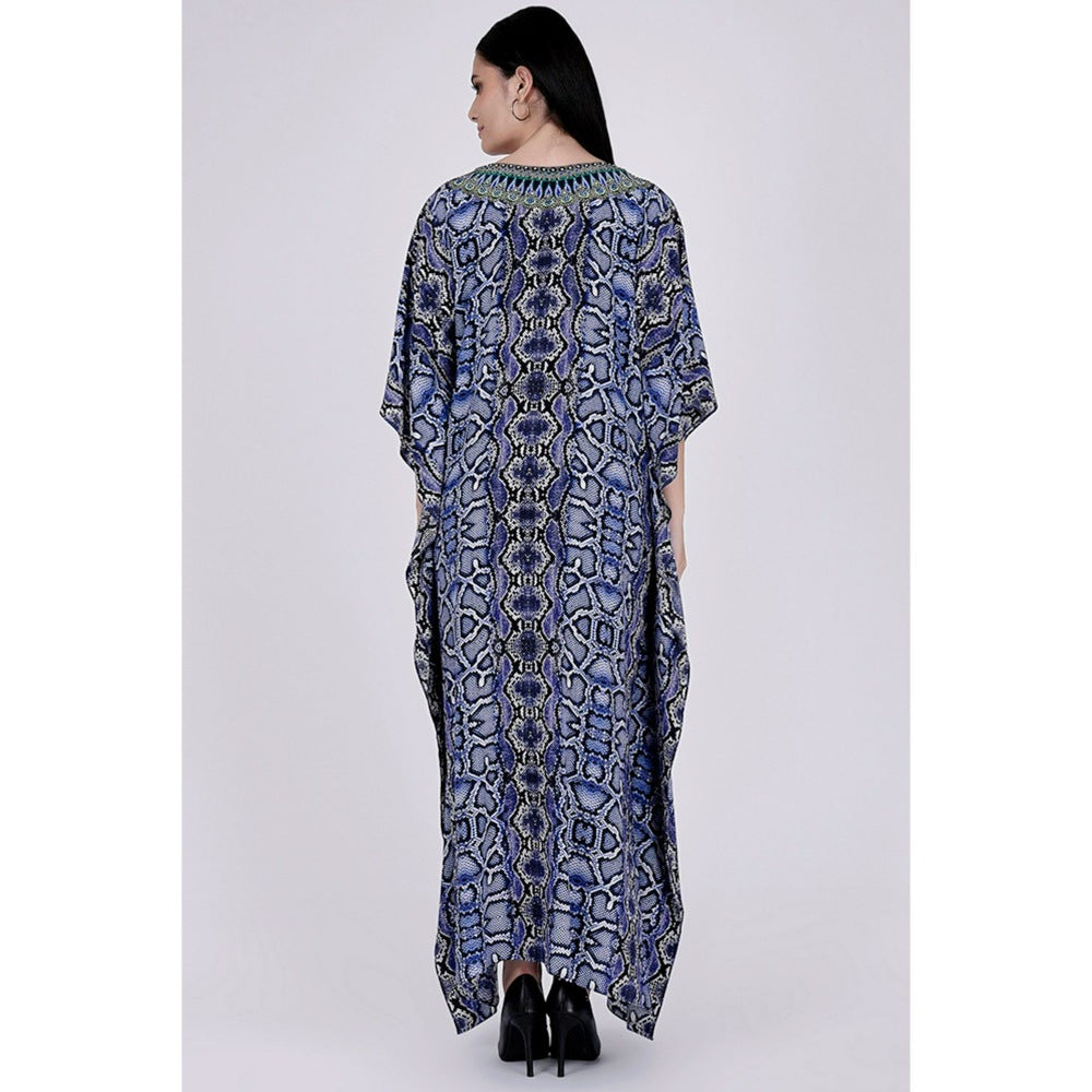 First Resort by Ramola Bachchan Blue Animal Print Embellished Silk Full Length Kaftan