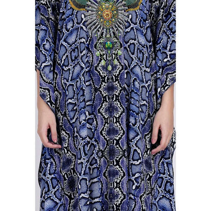 First Resort by Ramola Bachchan Blue Animal Print Embellished Silk Full Length Kaftan