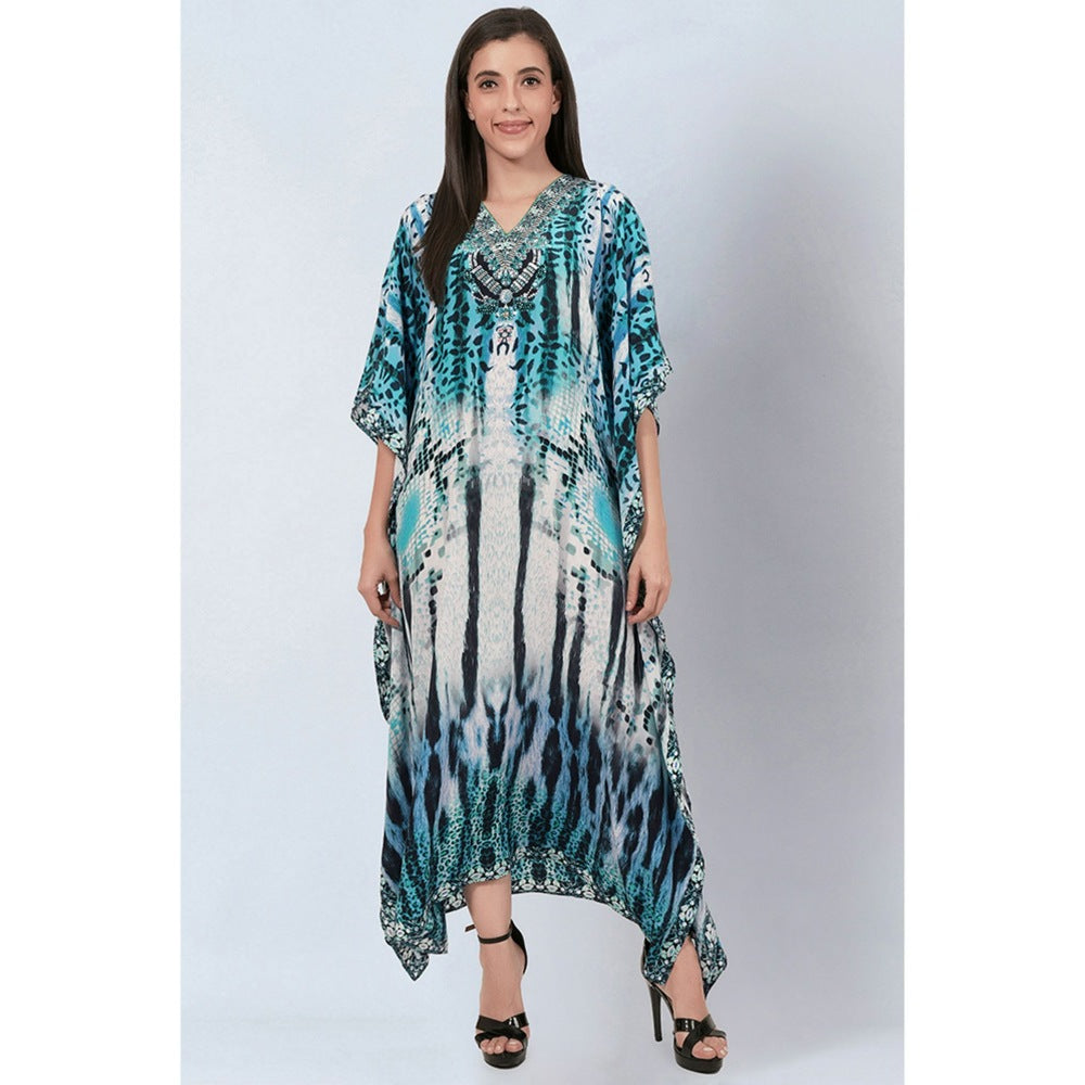 First Resort by Ramola Bachchan Blue & Black Animal Print Embellished Silk Full Length Kaftan