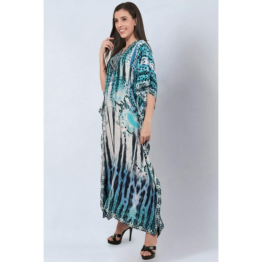 First Resort by Ramola Bachchan Blue & Black Animal Print Embellished Silk Full Length Kaftan