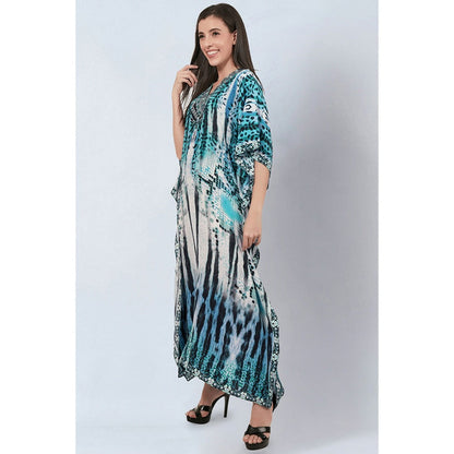 First Resort by Ramola Bachchan Blue & Black Animal Print Embellished Silk Full Length Kaftan