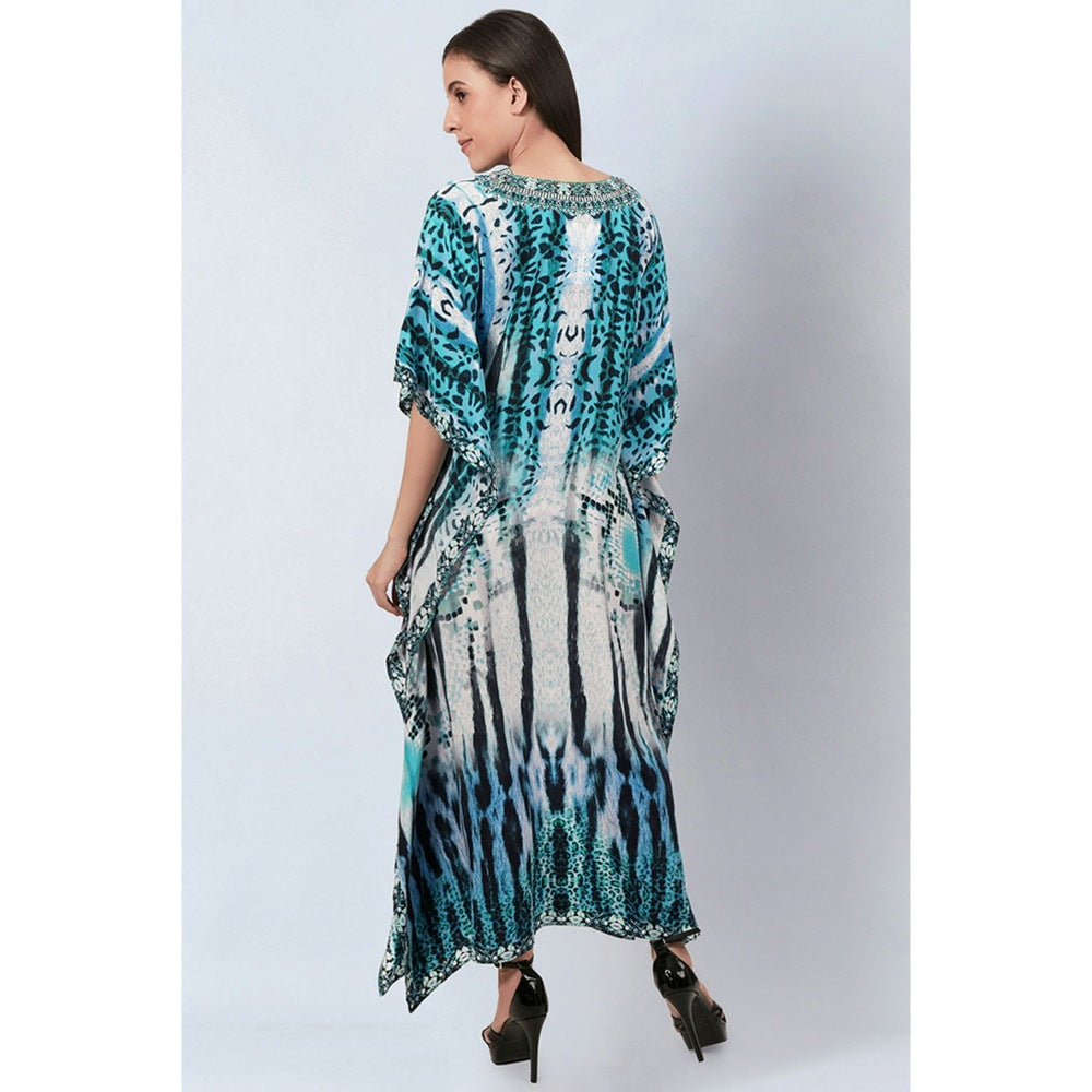 First Resort by Ramola Bachchan Blue & Black Animal Print Embellished Silk Full Length Kaftan