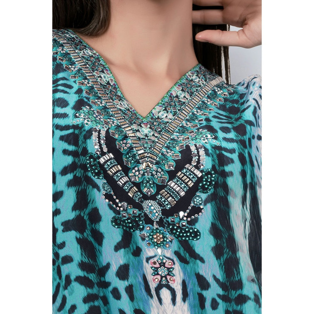 First Resort by Ramola Bachchan Blue & Black Animal Print Embellished Silk Full Length Kaftan