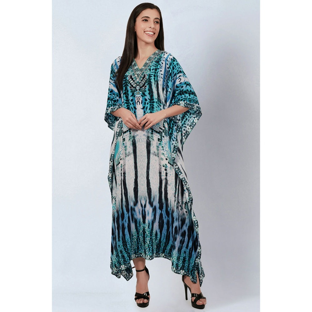 First Resort by Ramola Bachchan Blue & Black Animal Print Embellished Silk Full Length Kaftan